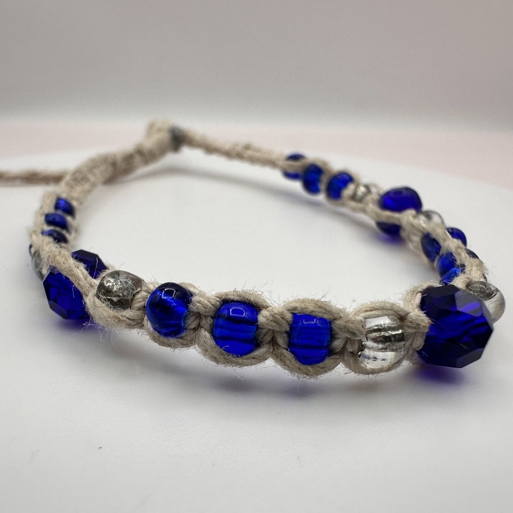 Vintage 90s Silver Tone Hemp Macrame Blue Beaded Bracelet Women's Jewelry Boho